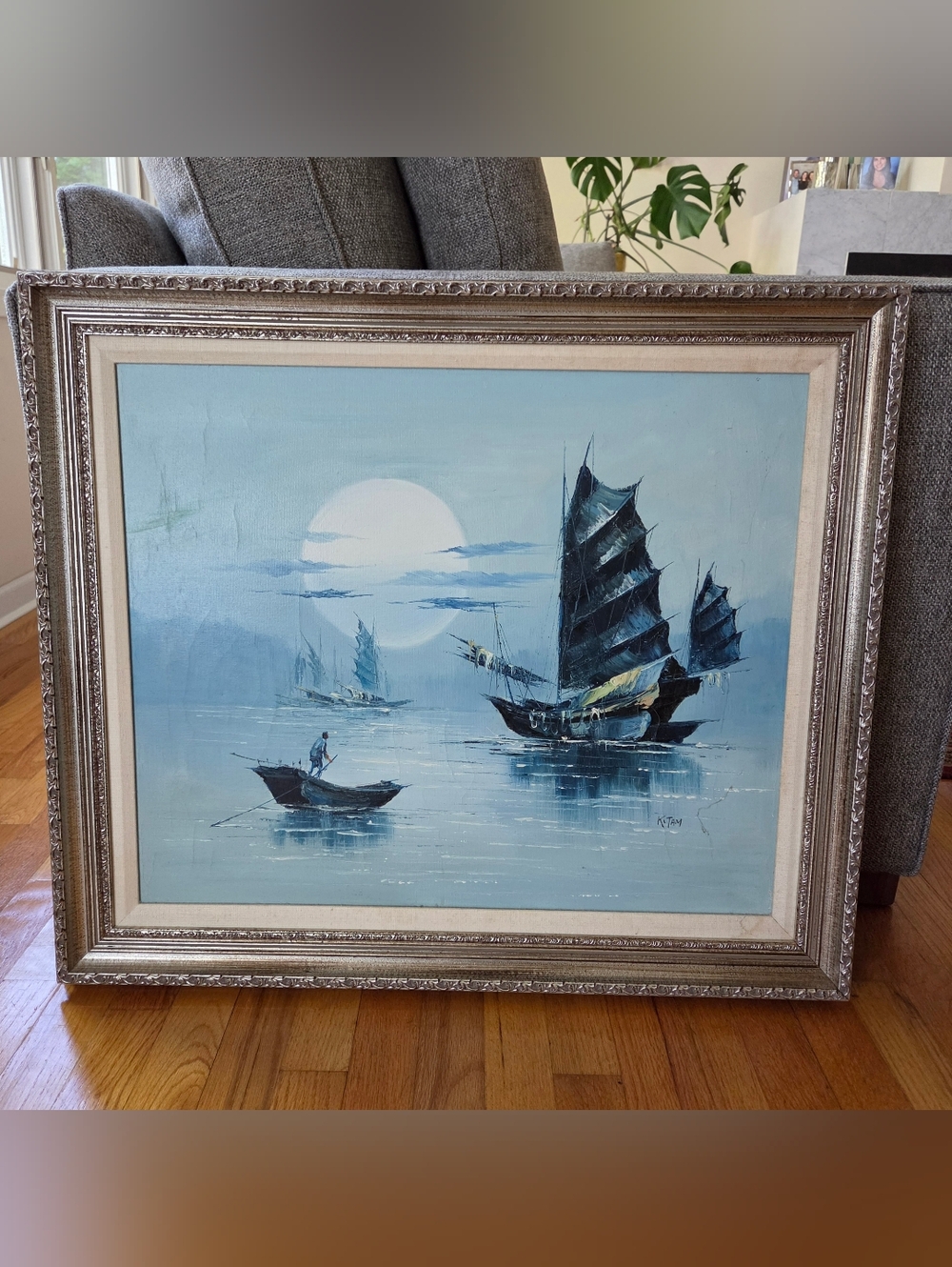 Vintage Mid Century Oil on Canvas Chinese Junk Ships